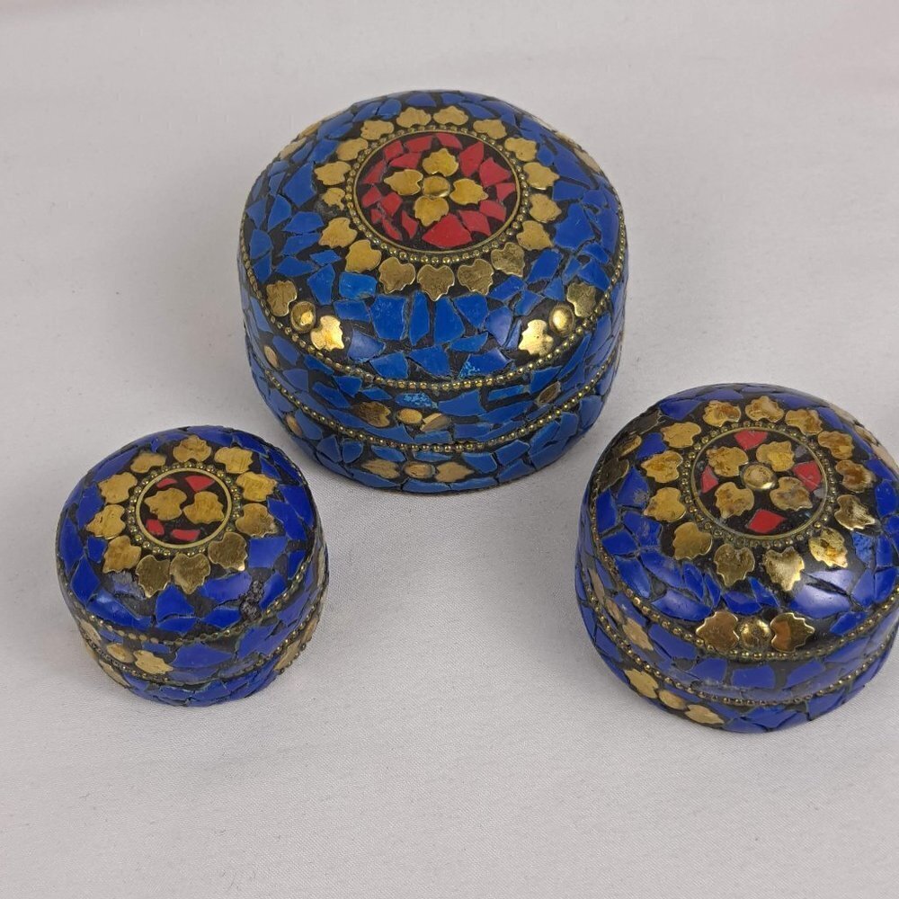 Nesting Trinket Boxes (3) Blue & Red Flat Stone with Gold Accents Handmade NWOT